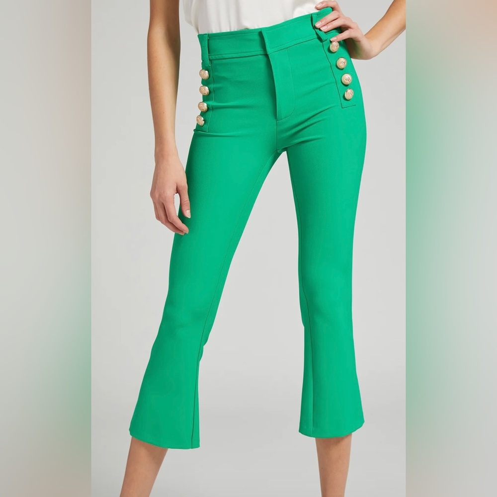 Green pants with gold buttons